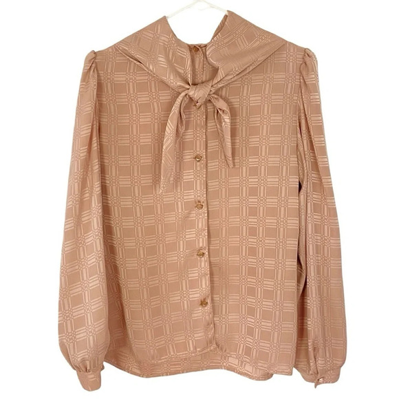 Vintage 70s 80s Blouse Shirt Top Womens Large Geometric Peach Long Sleeve - Picture 3 of 13